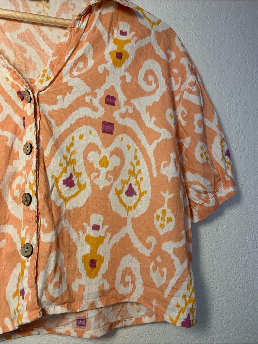 Christian Siriano Linen Rayon Blend Peach White Short Sleeve Button-Down | L - Picture 5 of 14